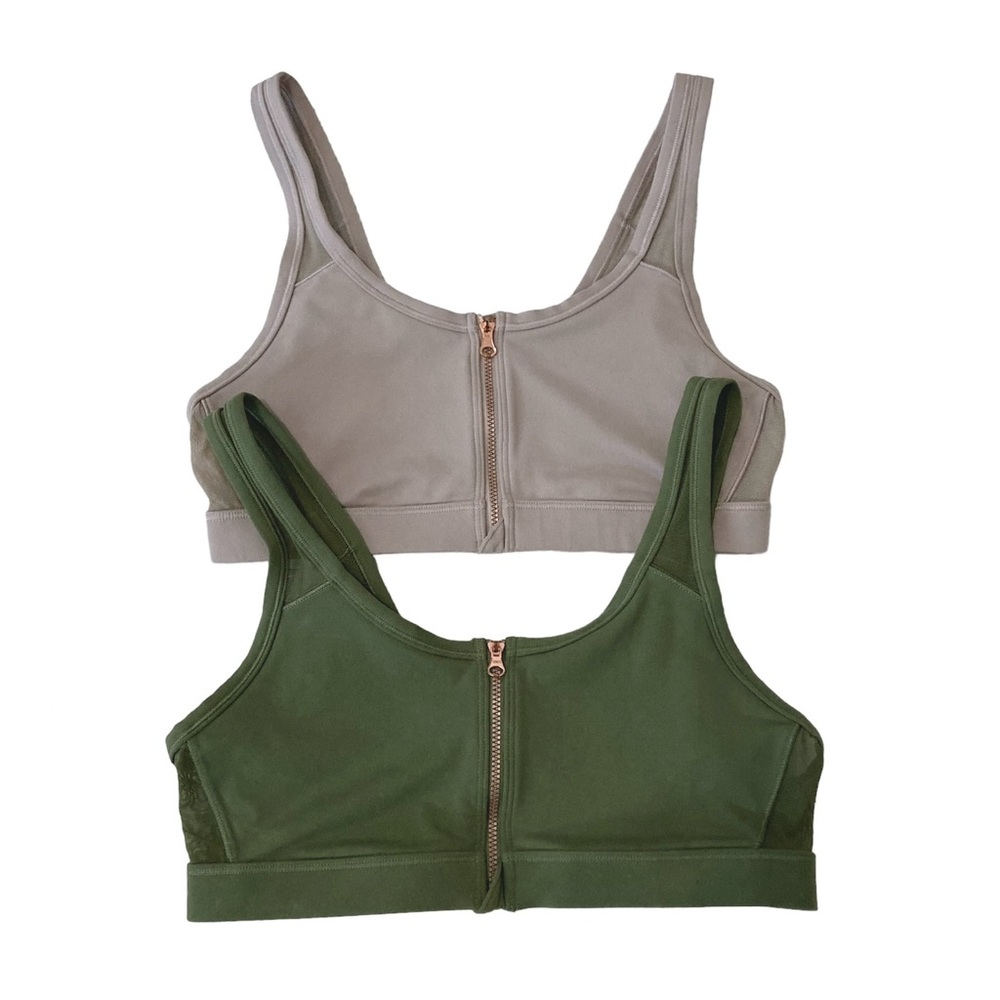 Bundle Set of 2 Aerie Front Zip Mesh Panel Sports Bra Green and Pebble Gray